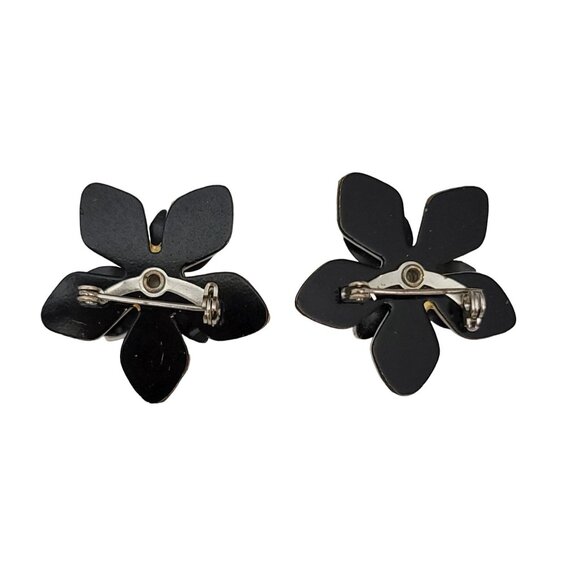 Black White Enamel Flower Brooch, Pin Pair - Picture 4 of 7